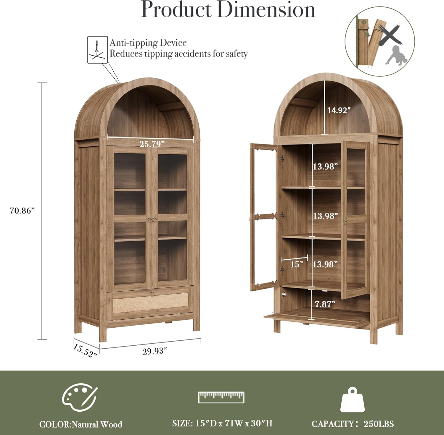 71” Tall Arched Kitchen Pantry Cabinet, Modern Farmhouse Hutch Storage Cabinets with Large Drawer and Glass Doors for Kitchen, Dining Room, Living Room, Natural