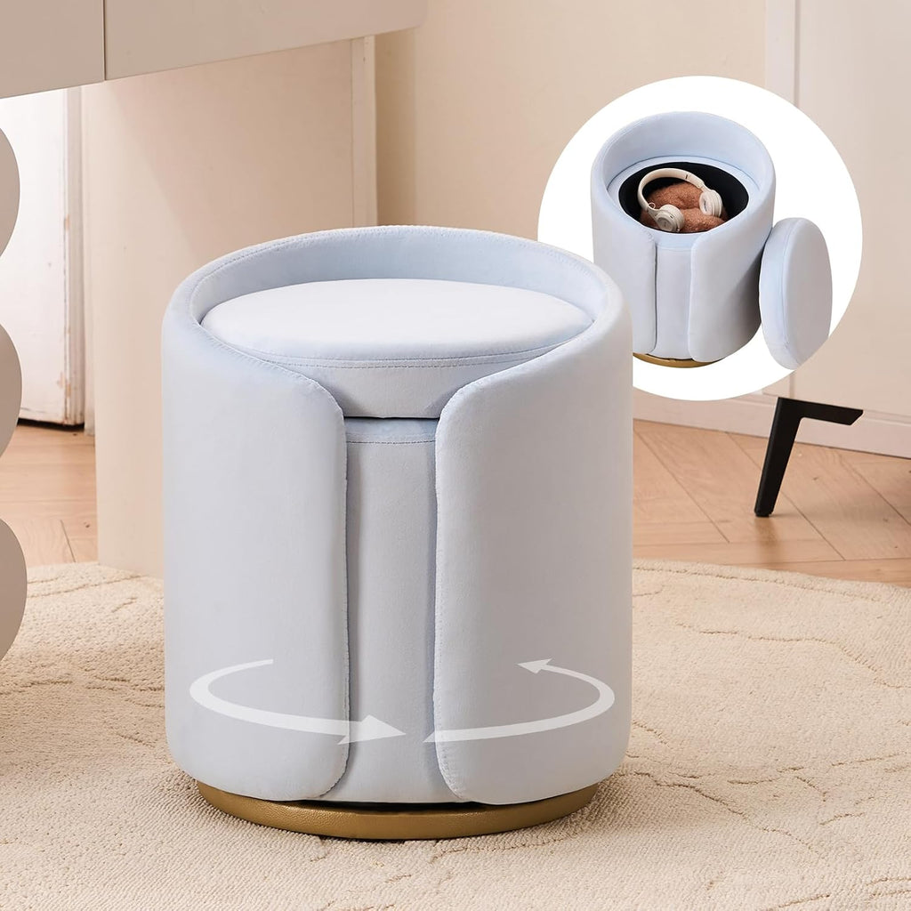 Vanity Chair with Storage, Round Velvet Vanity Stool No Wheels, Swivel Ottoman Chair with Upholstered for Women, Makeup Chair Accent Stool with Back for Bedroom & Dorm, Gold Base, Light Blue