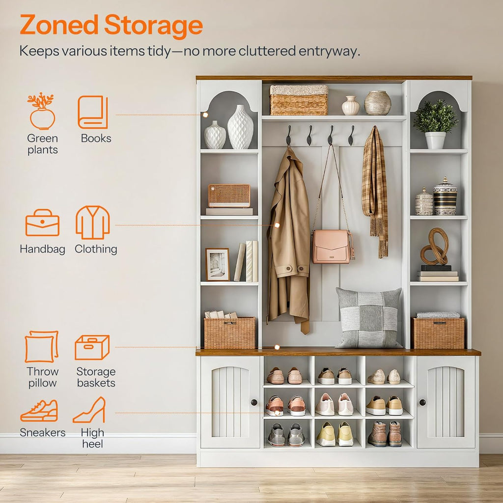 HOOBRO Hall Tree with Bench and Shoe Storage, 51" Entryway Bench with Coat Rack, Farmhouse Entryway Organizer with 5 Hooks, 8 Open Compartments, 9 Shoe Cubbies, for Hallway, White and Walnut WH180MT01