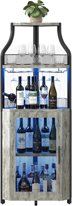 GarveeHome Corner Bar Wine Cabinet with LED Lights, 5-Tier Industrial Wine Cabinet with Glass Holder, Modern Liquor Cabinet with Adjustable Shelf, Home Bar Cabinet with Mesh Door, Grey