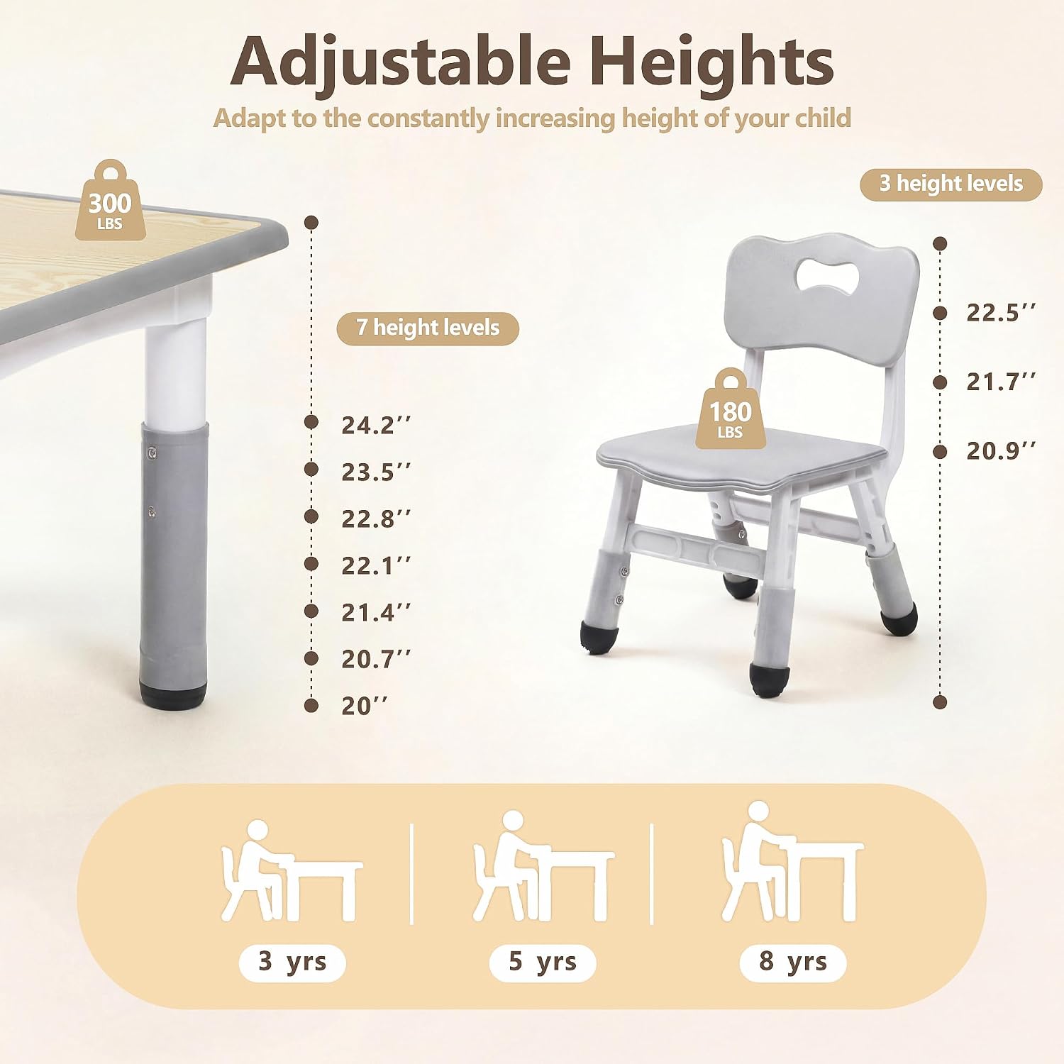 Kinder King Kids Table & 4 Chairs Set, Height Adjustable Children Activity Table w/Graffiti Tabletop, Toddler Furniture Set for Classroom, Daycare, Home, Age 3+, Grey