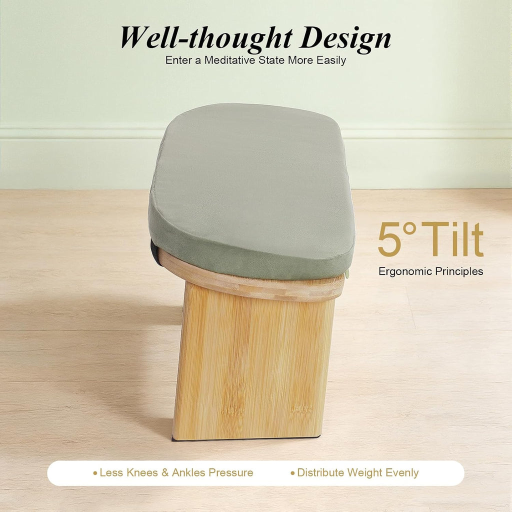 Meditation Stool, Foldable Bamboo Kneeling Bench with Velvet Cushion, Ergonomic Yoga Seat with 5° Forward Tilt, Portable Floor Chair for Seiza and Lotus, High Weight Capacity 397 Lbs, Wood Color