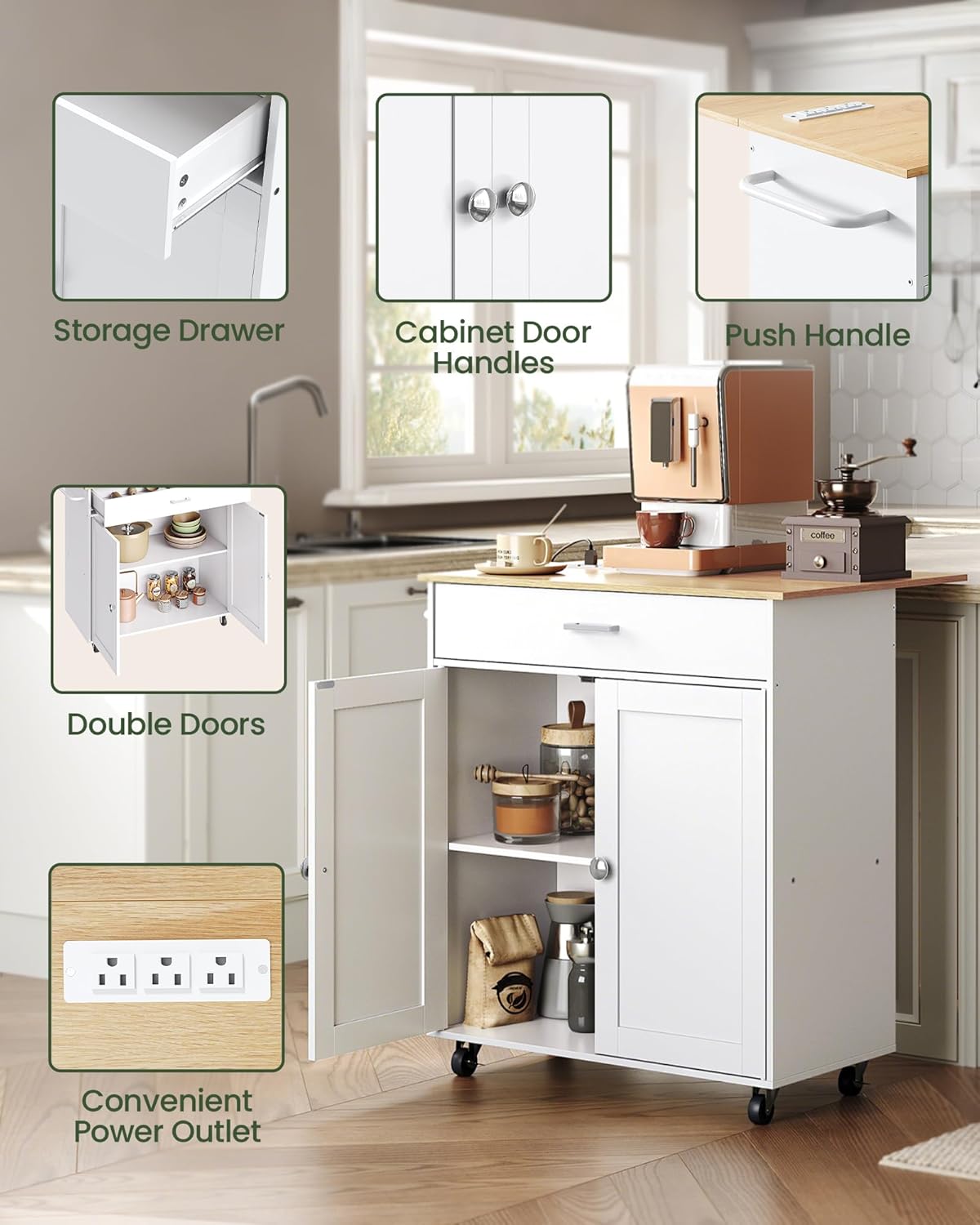 CHOEZON Kitchen Island, Kitchen Island Cart with One Double Cabinet and Drawer, Rolling Storage Cart with Power Strip, with Drop Leaf, for Kitchen, Living Room, White and Natural MZD01UWNN1