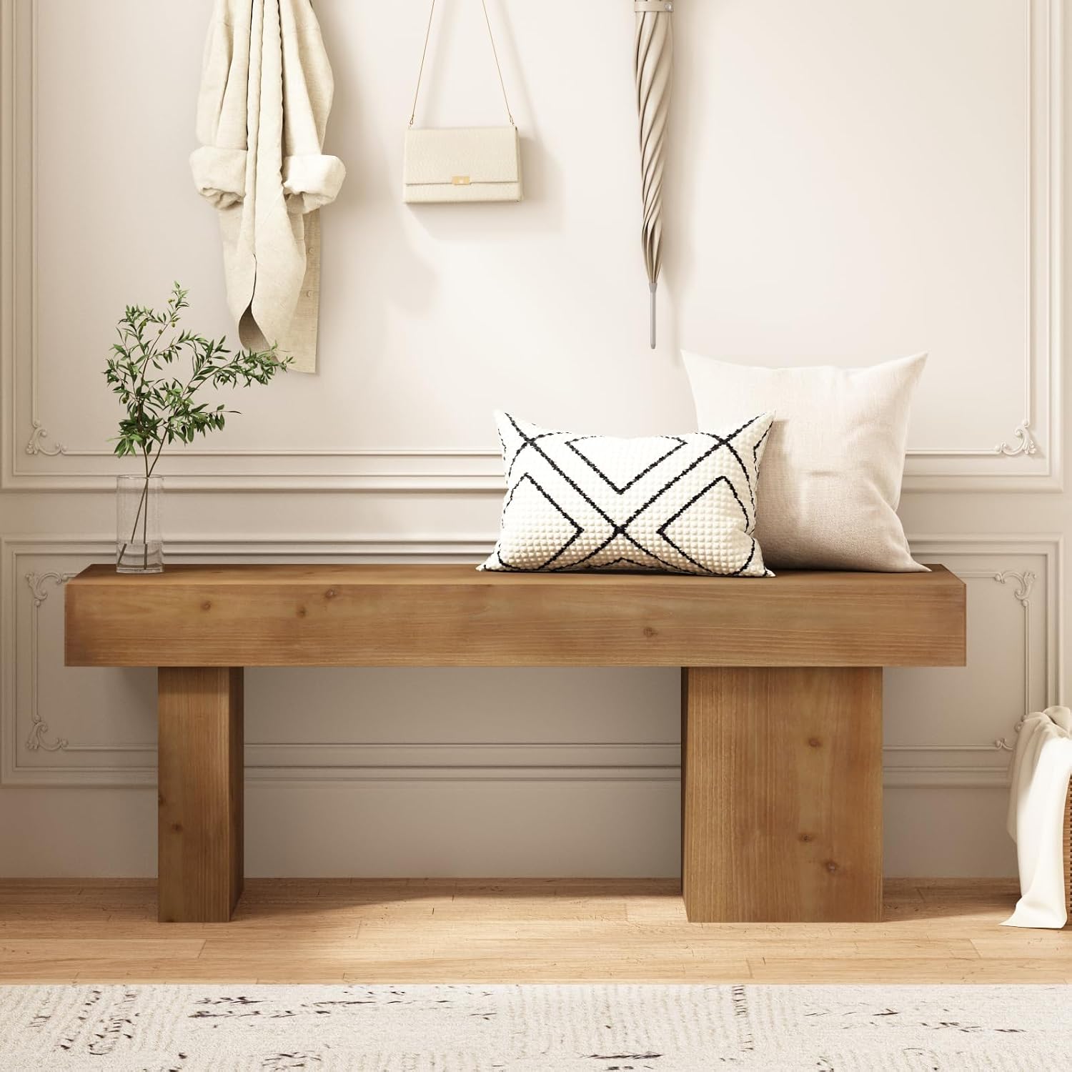 Farmhouse Solid Wood Entryway Bench, 47.3" Rustic End of Bed Bench for Bedroom, Handcrafted Accent Seating for Dining, Kitchen, Hallway, Living Room - 15 Min Assembly