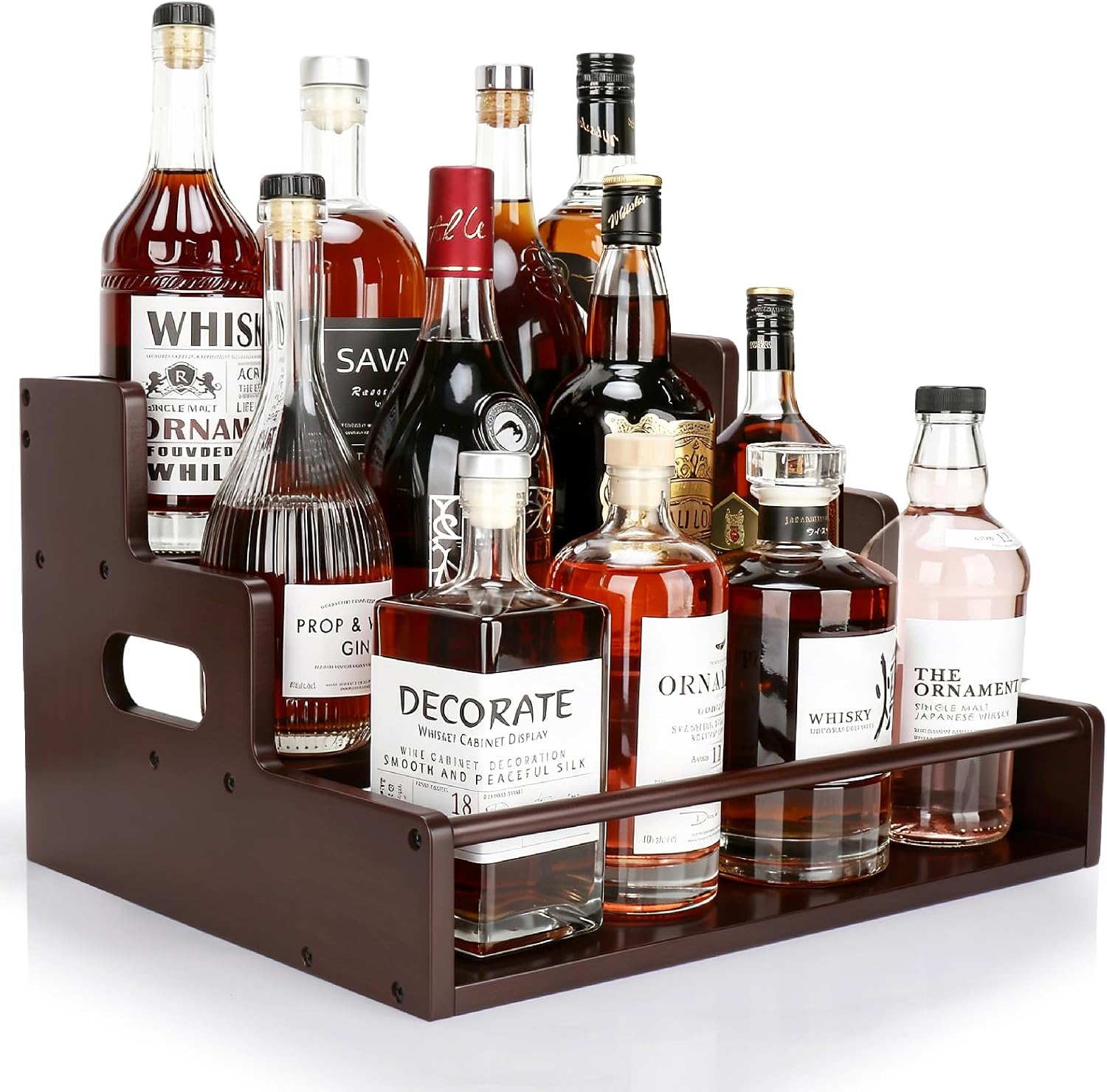 Liquor Bottle Display Shelf, 3 Step Countertop Liquor Wine Rack | Coffee Syrup Rack Organizer with handles, Bar Shelf Stand, Whiskey Spirits Wine Holder for Liquor Cabinet, mini bar, Home bar