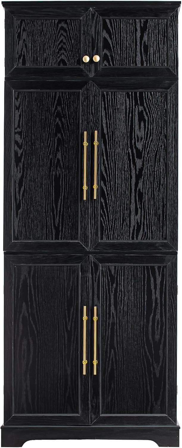 Virubi 78" Farmhouse Tall Kitchen Pantry Cabinet, Wood Storage Cabinets with Hidden Drawer and 4 Adjustable Shelves, Cupboard with Wine Rack and Door Shelves for Kitchen Dining Room, Black