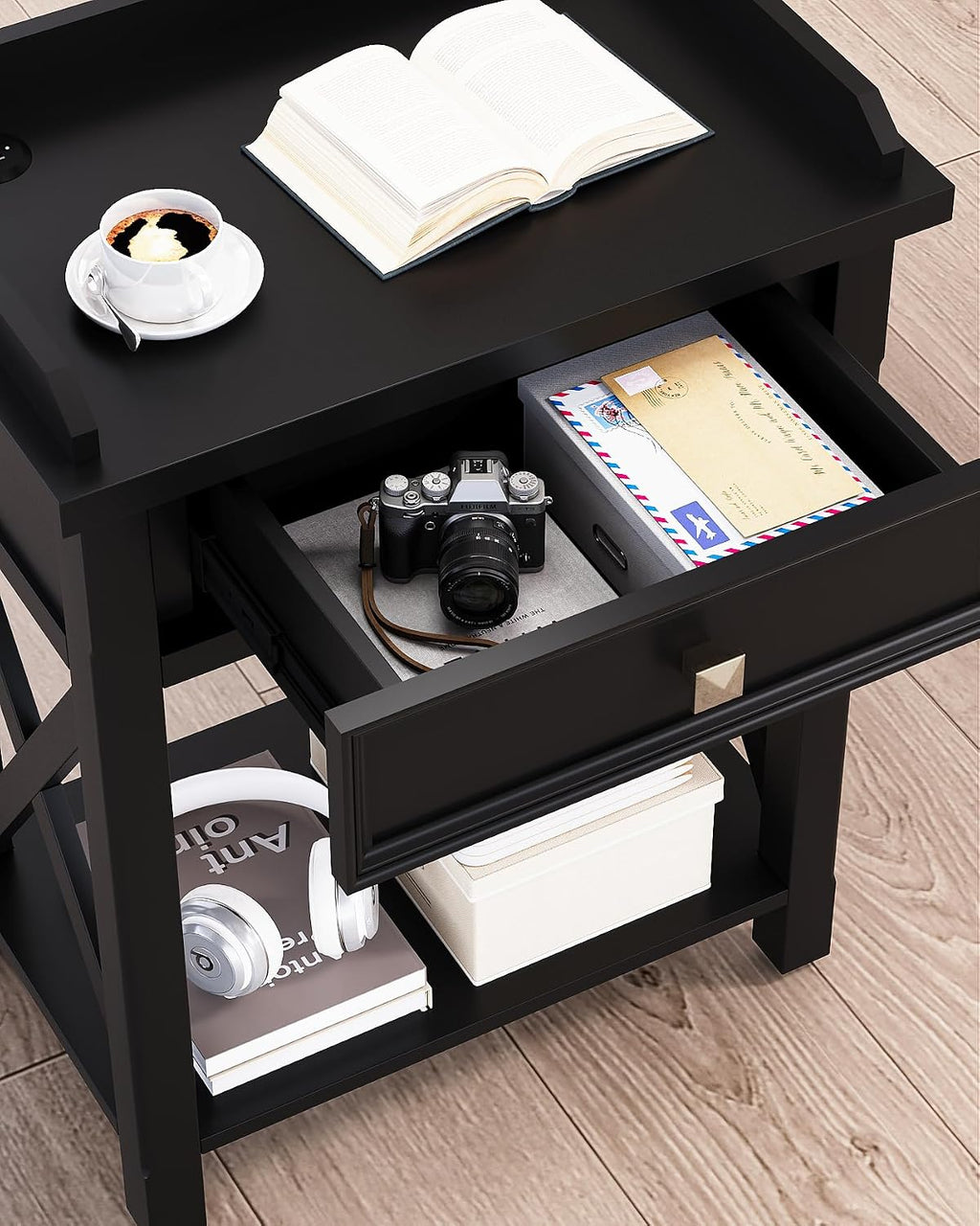 karlott 28" Nightstand with Charging Station, Solid Wood Night Stand with Pre-Assembled Drawer, Painted Bedside Table with Storage Shelf, Farmhouse End Side Table for Bedroom, Living Room, Black