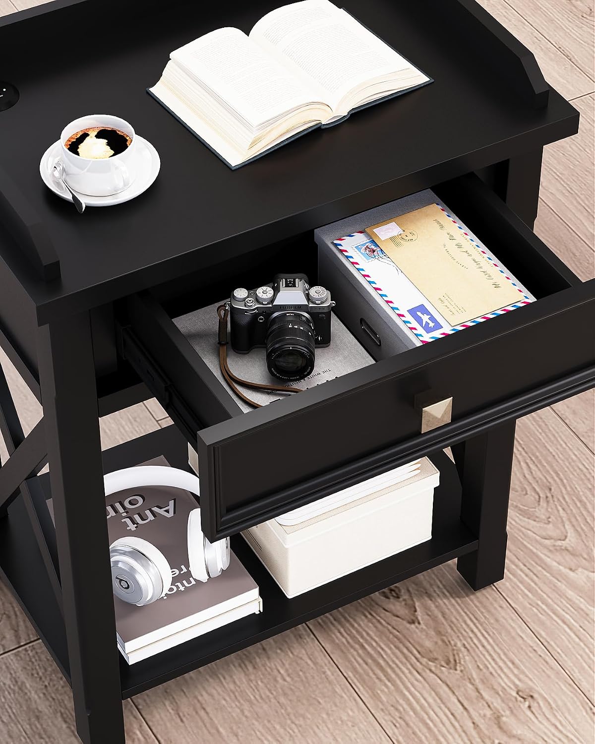karlott 28" Nightstand with Charging Station, Solid Wood Night Stand with Pre-Assembled Drawer, Painted Bedside Table with Storage Shelf, Farmhouse End Side Table for Bedroom, Living Room, Black