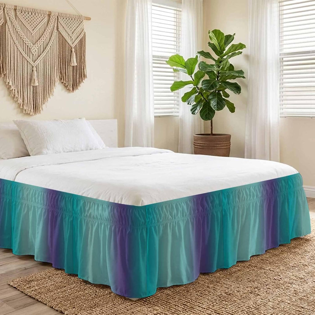 Teal Purple Ombre Bed Skirt King Size 18 Inch Drop, Wrap Around Bed Skirts, Modern Art Abstract Aesthetics Elastic Bedskirt Pleated Bed Frame Cover Luxurious Dust Ruffle for King Bed