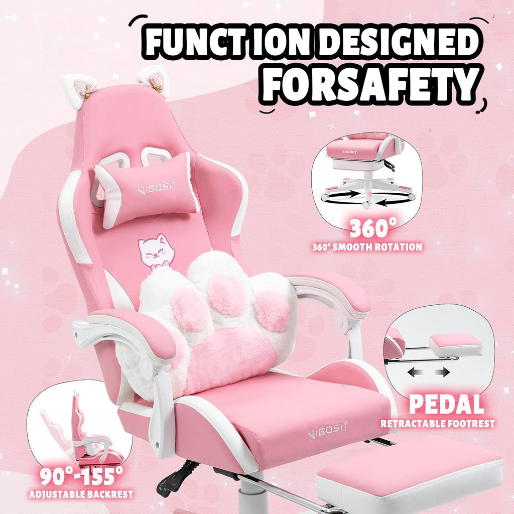 Vigosit Cat Ears Gaming Chair - Pink PU Leather Ergonomic Reclining Office Chair with Footrest, 310lb Capacity, 6-Position Recline, 360° Swivel