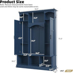 Knocbel Farmhouse Hall Tree Organizer, Seat Bench with 3 Open Compartments, Coat Rack with Dual Side Cabinets, 7 Hooks, Adjustable Shelves, 3 Top Cubbies, for Entryway Living Room, 53.5" Blue