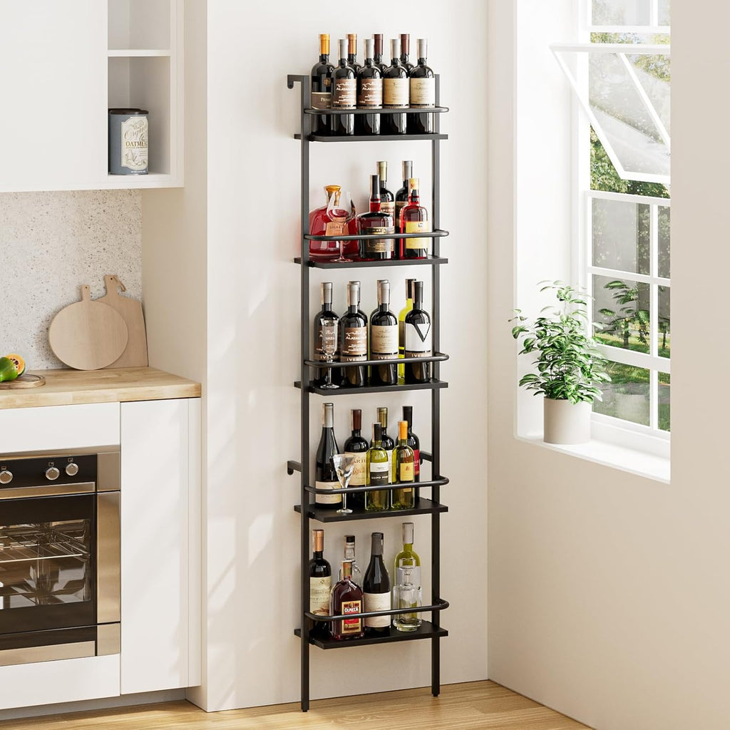5-Tier Wine Rack Wall Mounted, Wine Racks Freestanding Floor with Fences, 50 Bottles Wine Bottle Holder Liquor Cabinet Bar Shelves for Home, Kitchen, Dining Room (Black)