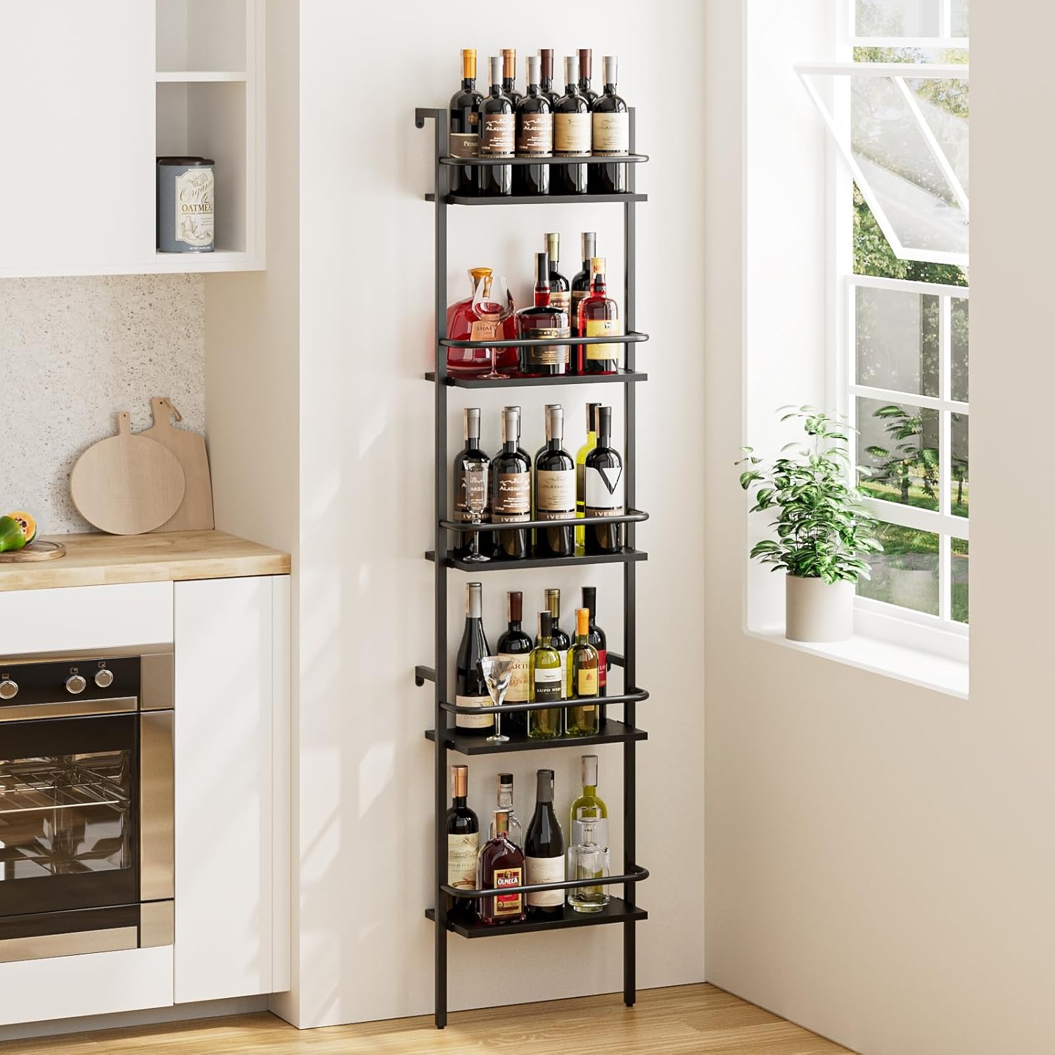 5-Tier Wine Rack Wall Mounted, Wine Racks Freestanding Floor with Fences, 50 Bottles Wine Bottle Holder Liquor Cabinet Bar Shelves for Home, Kitchen, Dining Room (Black)