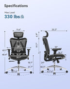 SIHOO M57 Ergonomic Mesh Office Chair, High Back Home Desk Chair with 3D Armrests, Lumbar Support and Adjustable Headrest, Comfortable Computer Chair, Big & Tall Office Chair Hold 330 LBS-Black