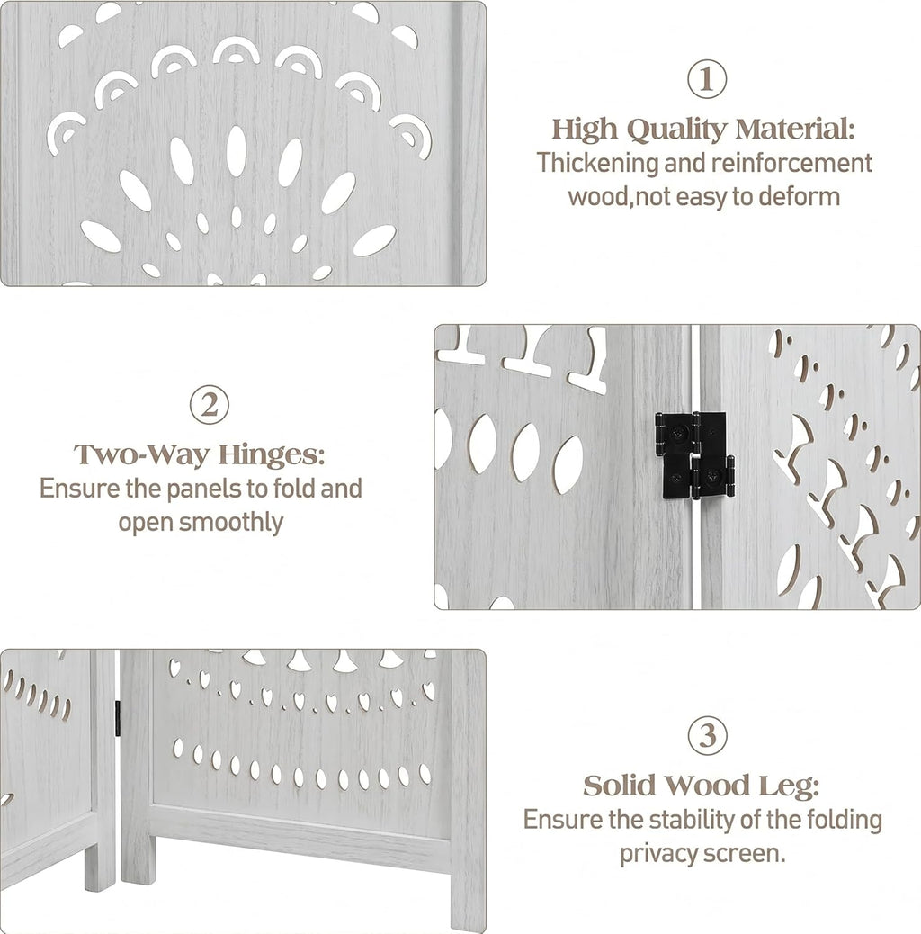 3 Panel White Room Divider, 67 Inch Wood Carved Privacy Screen, Bohemian Style Folding Room Divider, Portable Partition Wall Divider for Room Separation (White)