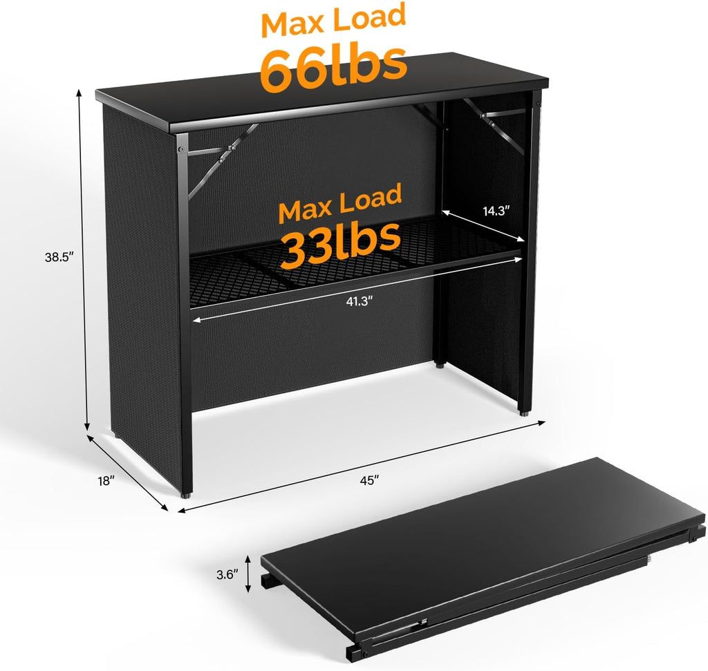VINGLI 45" Commercial Grade Portable Bar Table for Events, Mobile Bartending Station, Outdoor Indoor Pop Up Bar Table with Skirt PP (45"-1P, Black, Standard)