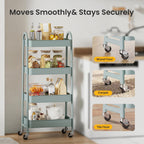 DUMOS 4 Tiers Metal Rolling Utility Cart with Lockable Wheels, Mobile Storage Organizer, Utility Shelving Unit for Kitchen, Office, Bathroom, Laundry, Narrow Places, Light Green