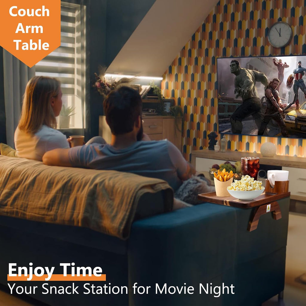 Couch Armrest Table Acacia with 360°Rotating Phone & Cup Holders,15.4" x 9.8", 3-in-1 Couch Arm Tray Clip-On Couch Tray for Drinks & Snacks