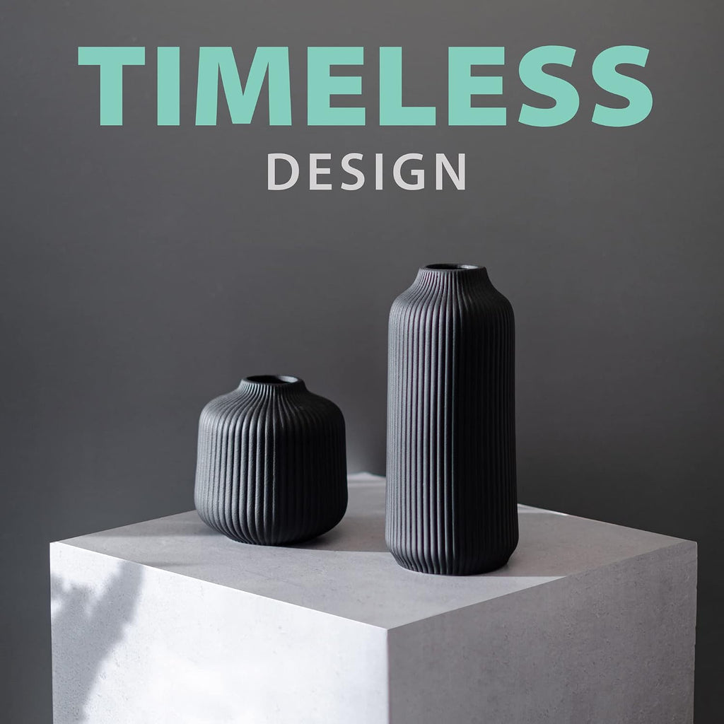 flature Ceramic Vases in Nordic Style, Modern Vase Deco for Pampas Grass, Boho Deco for Windowsill, Vases Set in Black Matt, Flower Vase as Home Decoration for Fresh Flowers, Dried Flowers, Set of 2