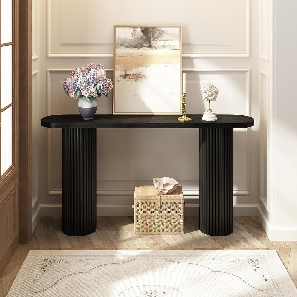 55" Fluted Console Table with Solid Wood Legs, Long Farmhouse Entryway Table with Rounded Corners, Morden Sofa Tables Behind Couch for Foyer, Entrance, Living Room, Hallway