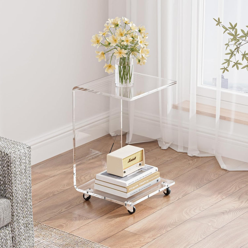 Mobile Clear Acrylic C Table with Wheels, 13.8" L x 13" W x 22" H x 0.6" Thick C Shaped End Coffee Table, Modern Acrylic Sofa Side Table for Living Room, Bedroom, Office, Bedside