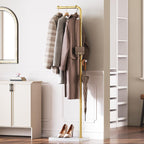 YATINEY L Shaped Glod Coat Rack, Metal Coat Tree, Modern Clothes Rack with 3 Hooks and Thickened Base, Floor Standing Coat Hanger Stand, for Entryway, Living Room, Cloakroom, Gold and White YM01DWY1