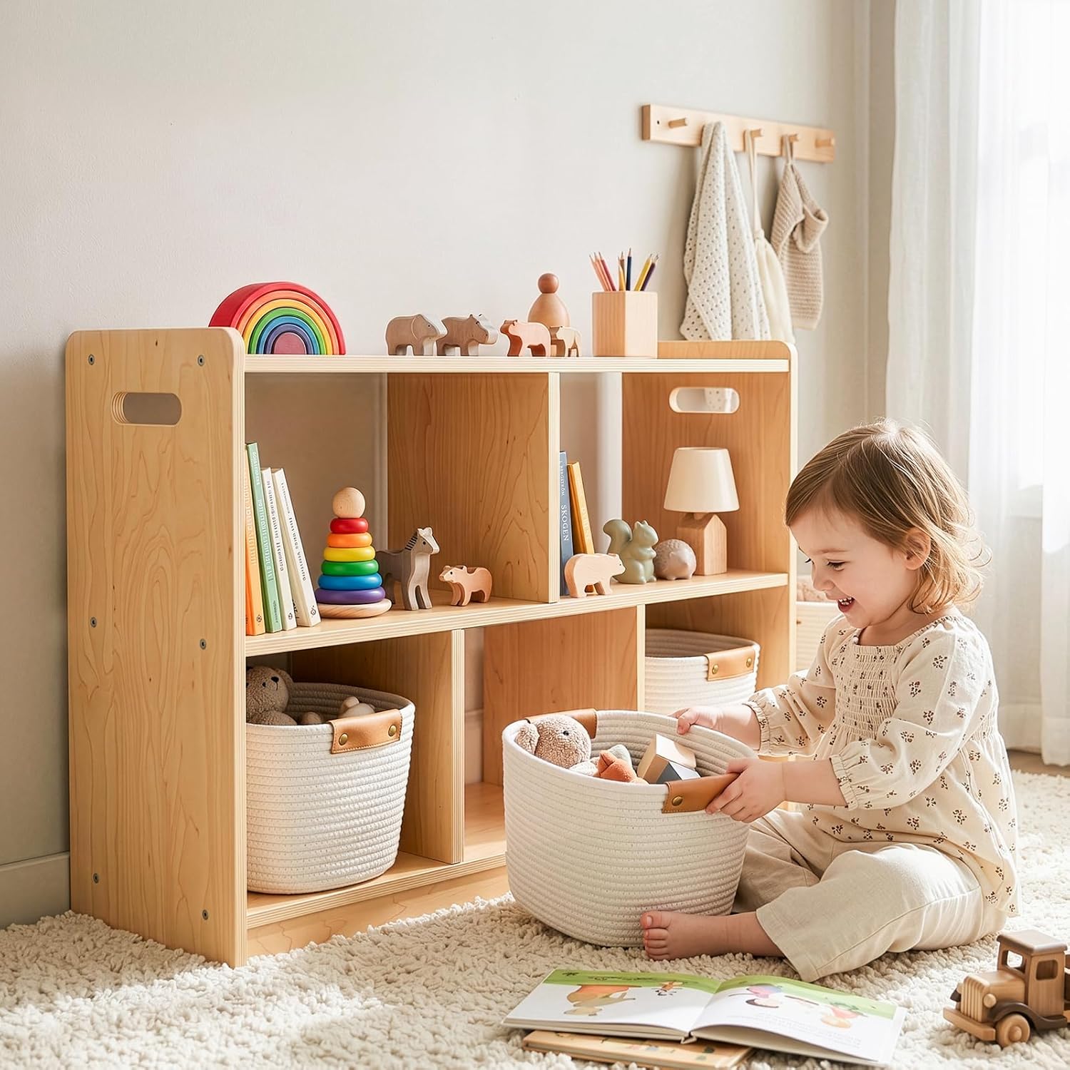 OOOK Montessori Shelf 5-Section, 2-Shelf Toy Organizers and Storage, Double-Sided Montessori Toy Storage, Ideal for Kids Room, Daycare Center, Nursery, Classroom, Kindergarten