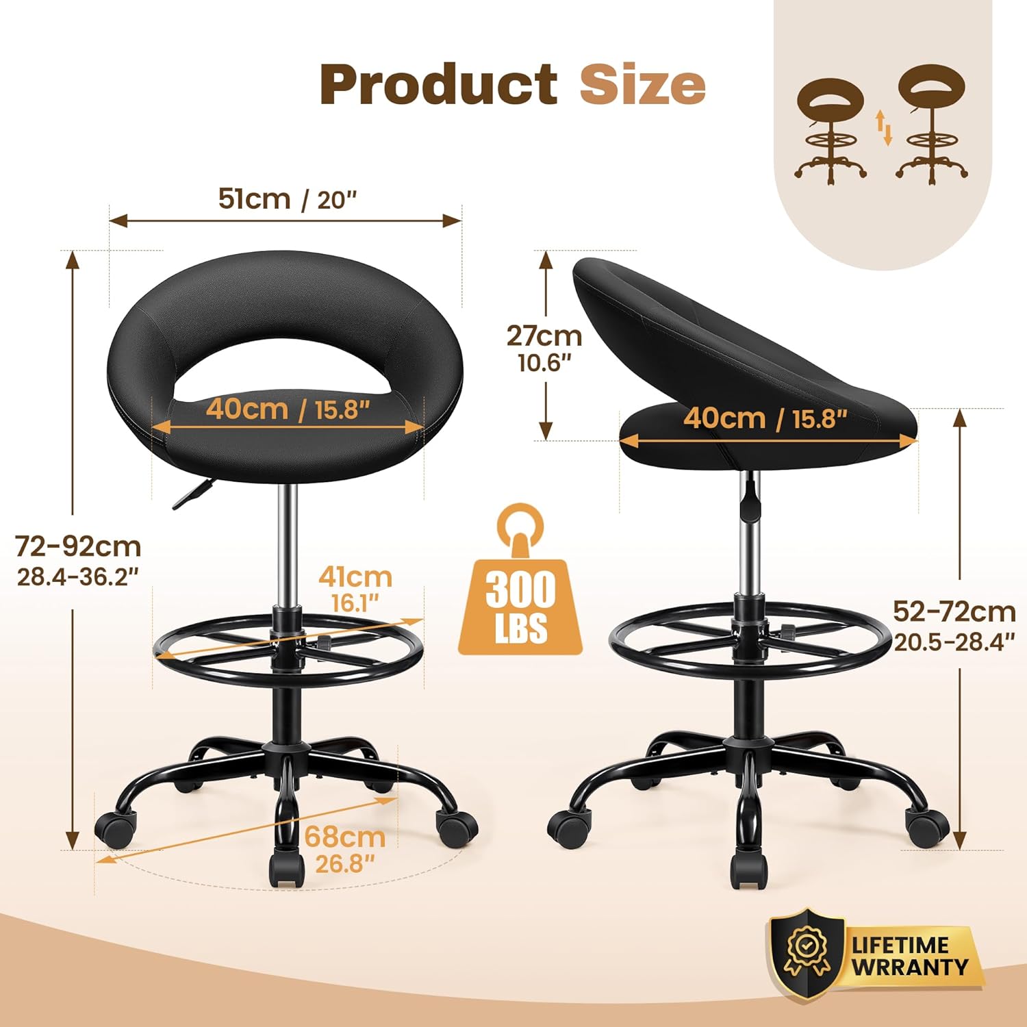 BESTFAIR Office Drafting Chair - Bar Stools with Back Support, Adjustable Foot Rest and Wheels, Shop Rolling Swivel Chair for Standing Desk Counter Kitchen Salon Home Vanity, Black 2 Pack