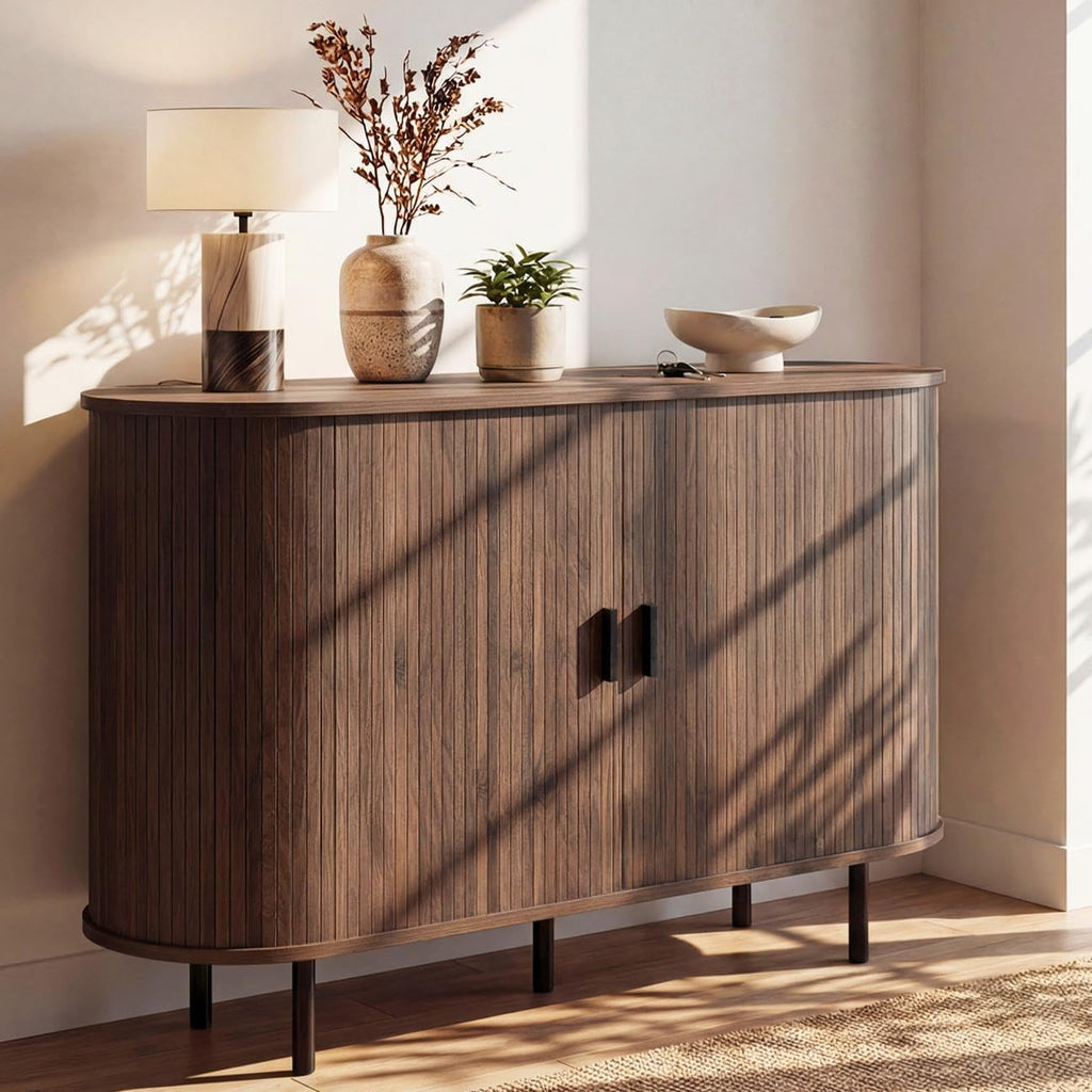 Giantex 47'' Fluted Sideboard Buffet Cabinet with Tambour Sliding Doors, Coffee Bar Console Table w/Metal Legs, Mid Century Storage Credenza Cabinet for Kitchen Dining Room Living Room (Walnut)