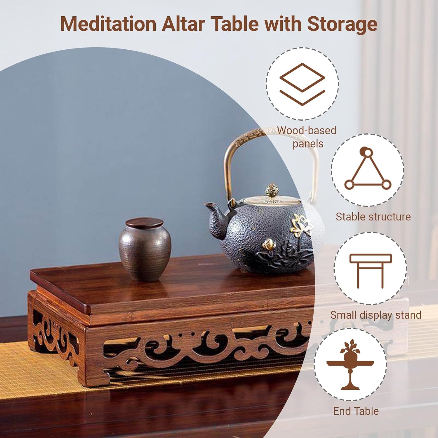 Freestanding Hollow Carving Wooden Shrine Altar Table Personal Shrine Altar Table Shelf Buddhist Prayer Altar Cabinet for Living Room, Bedroom(40 * 25 * 12cm/15.7 * 9.8 * 4.7in)