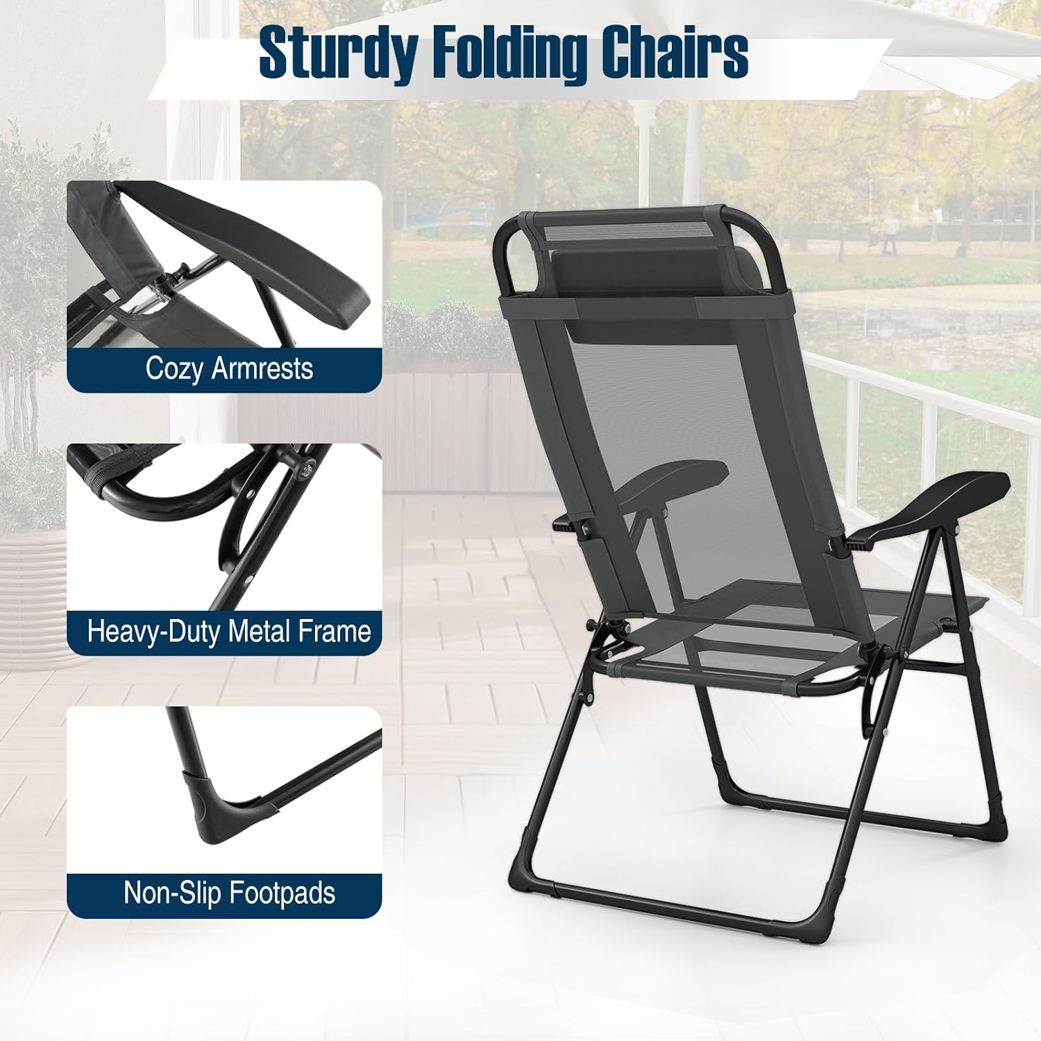 Giantex Set of 2 Patio Folding Chairs, Portable Outdoor Dining Chairs with 7-Level Adjustable Backrest, Headrest, Metal Frame, Outside Recliner for Front Porch Camping Picnic Lawn Garden, Dark Gray