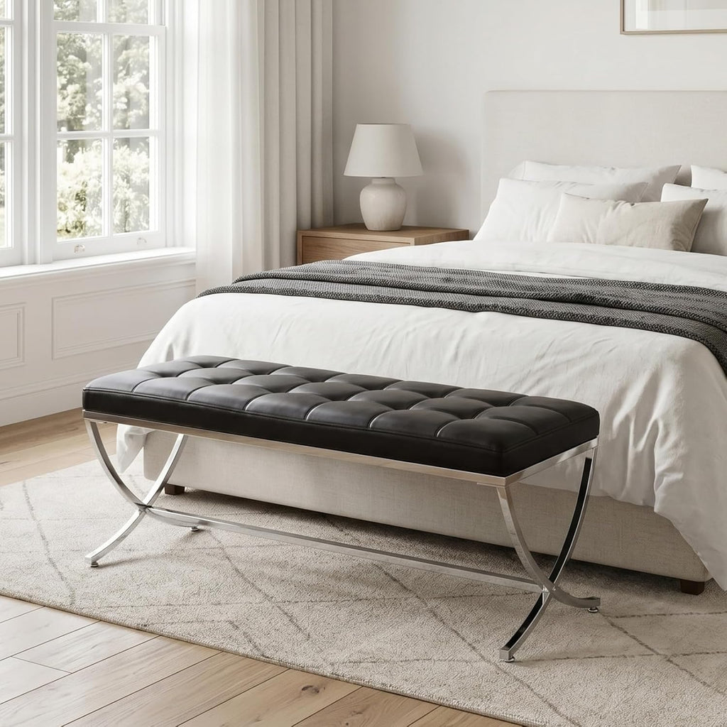 EALSON Modern Entryway Bench Leather Upholstered Dining Bench with Metal Base Button Tufted Ottoman Bench with Padded Seat Accent Foot Bench for Bedroom End of Bed/Living Room, Black