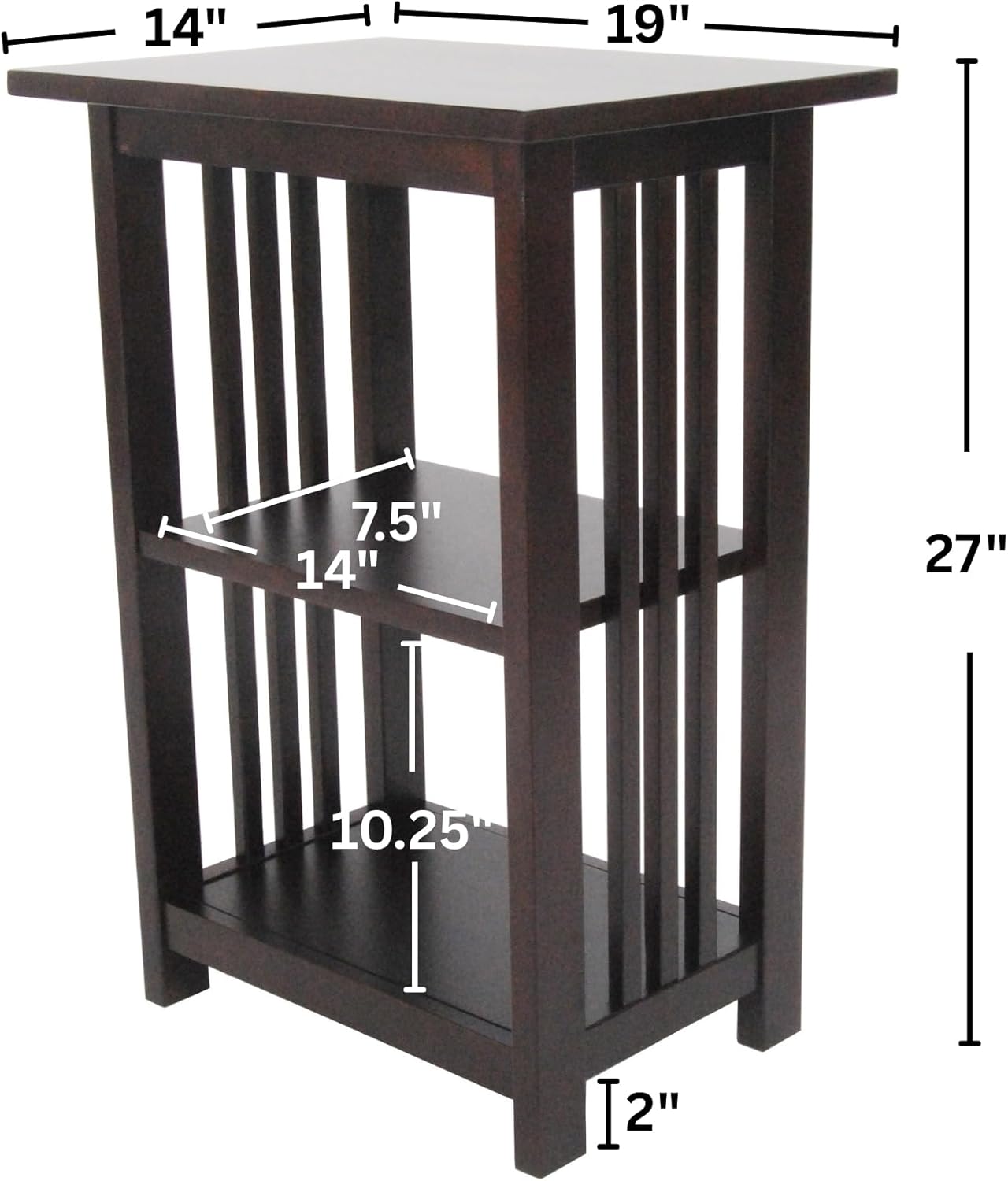 Alaterre Furniture Mission 3-Tier End Table with Vertical Slat Side Panels – Set of 2 Craftsman Style Wood Side Table with Open Storage for Living Room, Bedroom, or Cozy Reading Nook (Espresso)