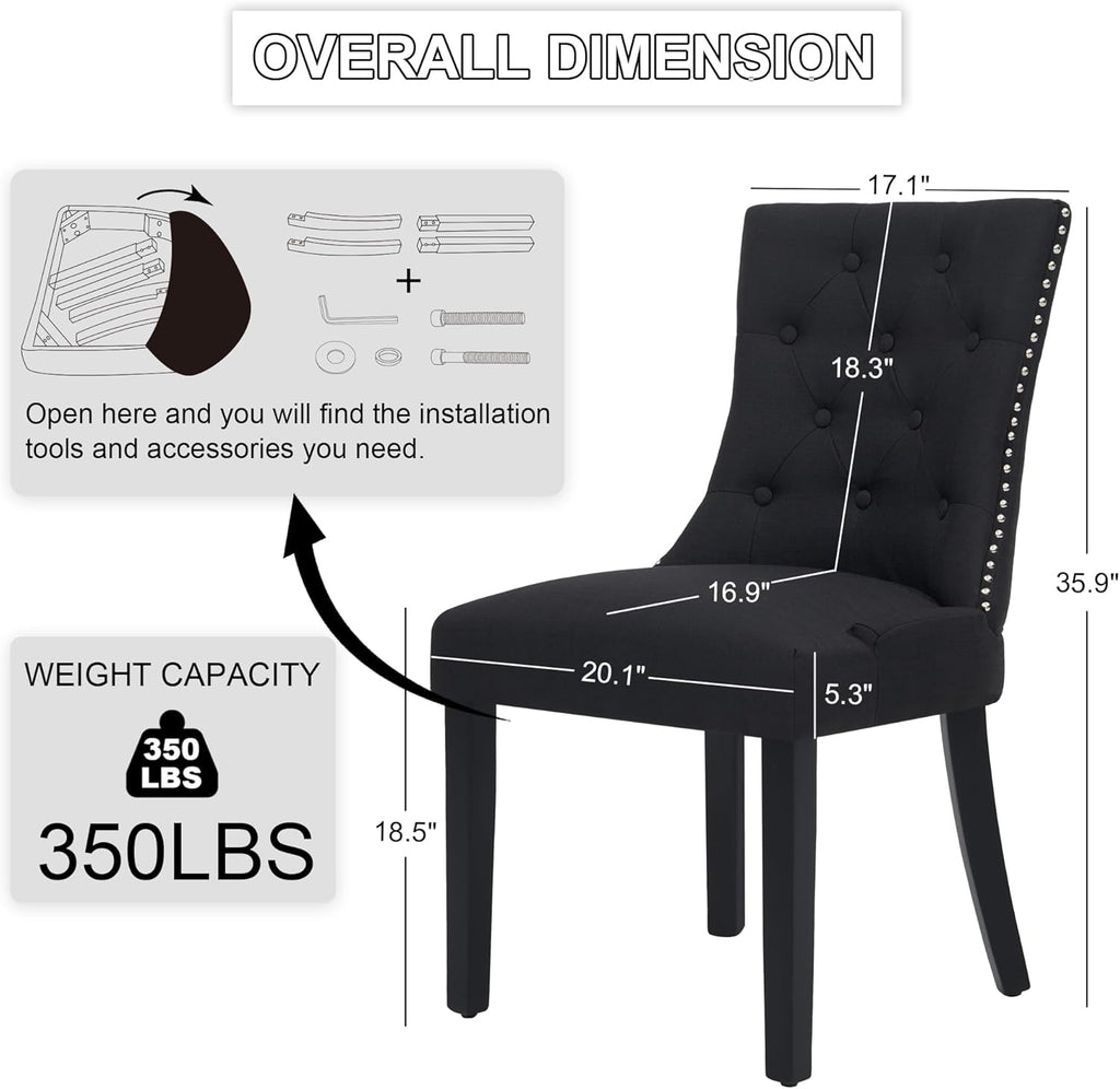 Modern Leisure Linen Dining Chairs Set of 4, Upholstered Dining Chair with Solid Wood Legs, Mid-Century Dining Room Chairs with Pull Ring and Tufted Backrest, Black