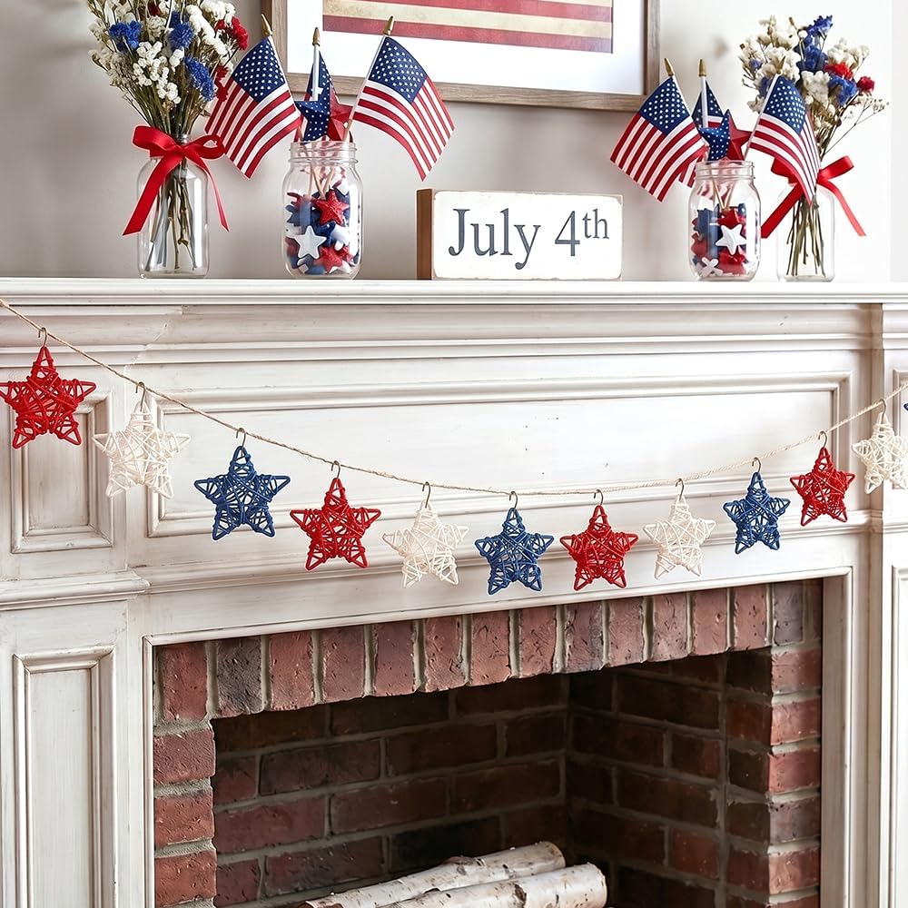 18 Pcs 4th of July Decorations Patriotic Rattan Star Decor Red White and Blue Decorations 3.1 Inch Independence Day Table Decor Party Decorations Vase Bowl Fillers