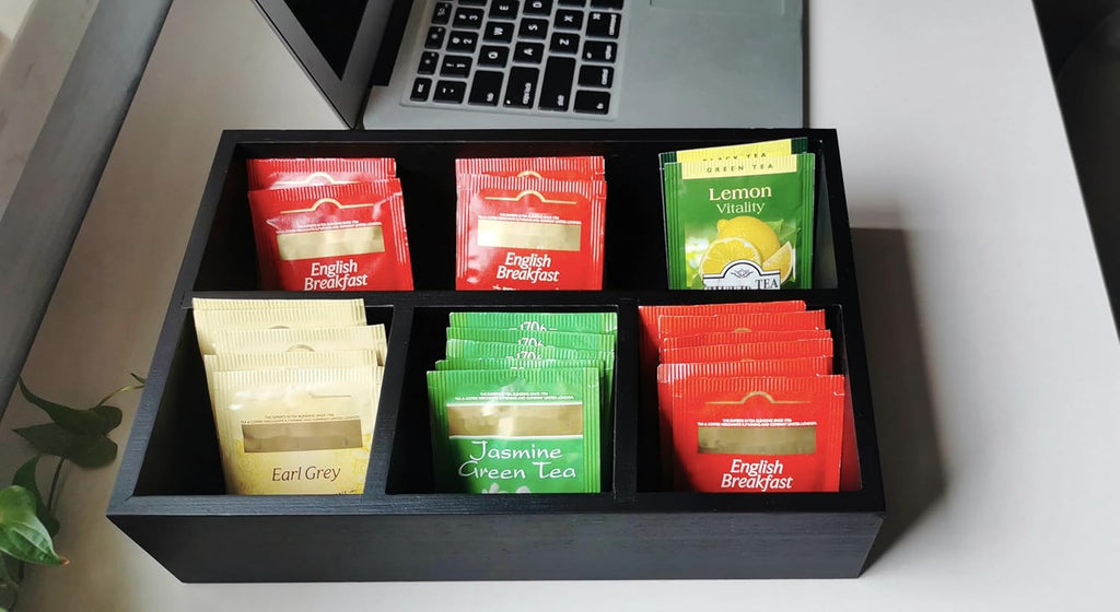 Tea Bag Organizer Wood Black, 4 Compartments Tea Bag Holder, Large Capacity Sugar Packet and Coffee Station Organizer, Tea Bags Caddy Drawer Storage Container for Countertop