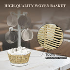 Wood Mug Holder Tree with Woven Basket, 4 Hooks Coffee Mug Holder, Countertop Mug Tree for Kitchen Counter Cabinet Coffee Bar Accessories Cup Display Organizer Hanger(White)