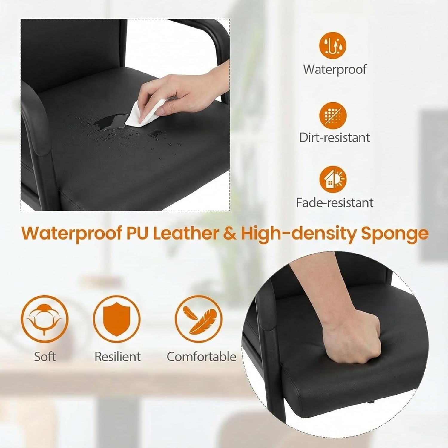 Leather Office Guest Chair, Guest Conference Room Chair, 600 LBS Capacity High Back Reception Chair with Padded Armrests, No Wheels, Black - 6 Pack