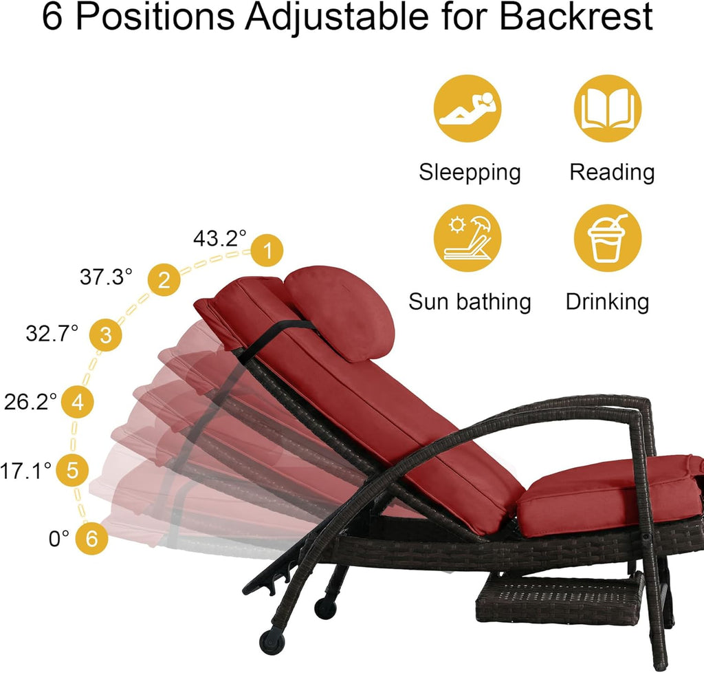 Outdoor Patio Chaise Chair Wicker Lounge Chairs for Outside Pool Chaise Lounge Set of 2 PE Rattan Recliners with Side Shelf & 6-Position Adjustable for Deck Yard Beach Poolside, Red