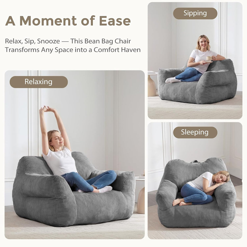 HUGHEAVEN Big Bean Bag Chair for Adults, Giant Oversized Bean Bag Couch, Comfy Reading Chair with Armrests, Soft Cozy Chair for Bedroom, Lounge Sofa for Gaming, Napping & Relaxing, Grey