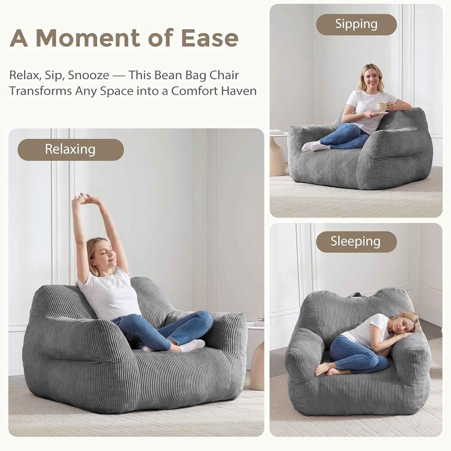 HUGHEAVEN Big Bean Bag Chair for Adults, Giant Oversized Bean Bag Couch, Comfy Reading Chair with Armrests, Soft Cozy Chair for Bedroom, Lounge Sofa for Gaming, Napping & Relaxing, Grey