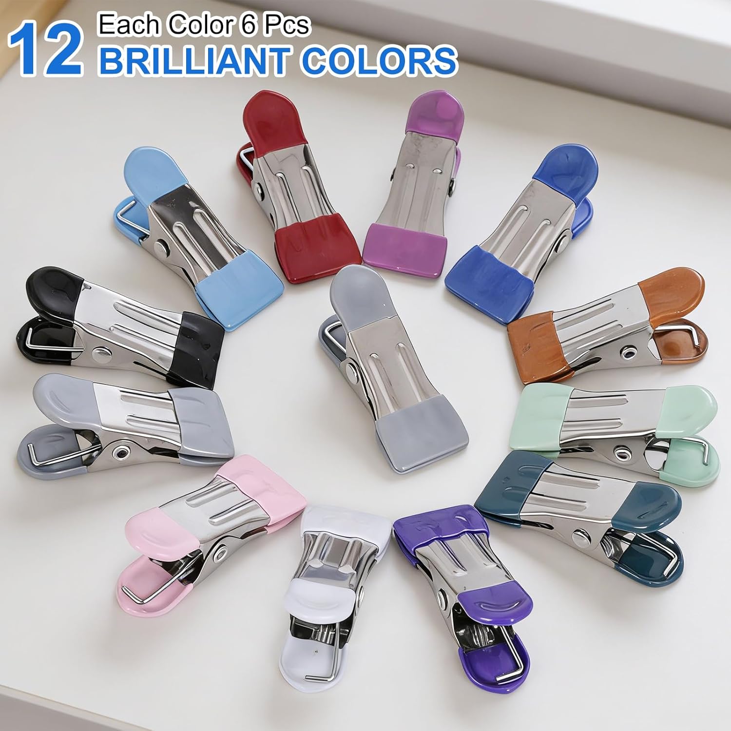 Clothes Pins Heavy Duty 72 Pack, Metal Clothespins, Chip Clips 2.17 inch, Clothespins for Clothesline Photo, Rubber Grips, 12 Colors
