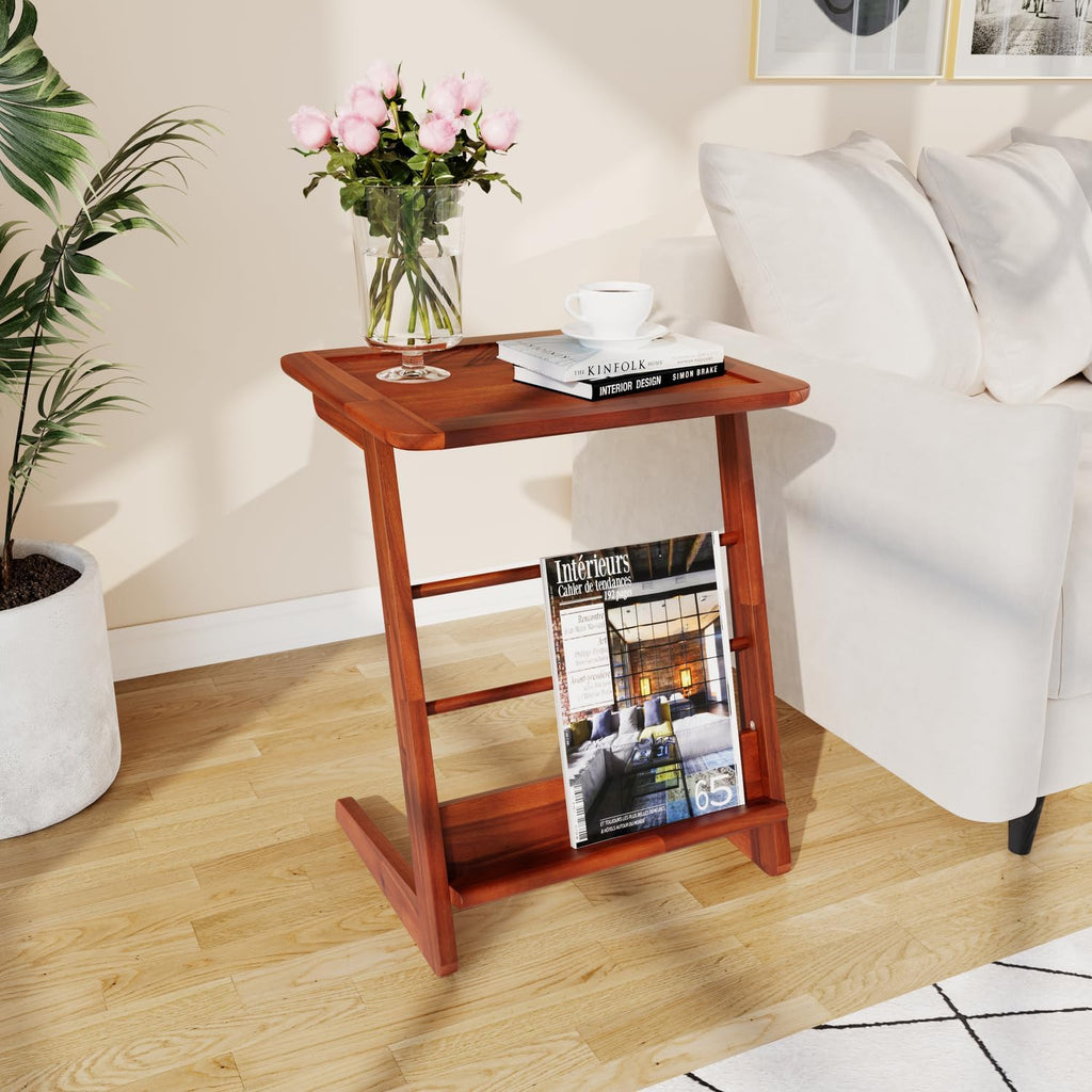 C-Shaped End Table for Couch, Acacia Wood Sofa Side Table & Nightstand with Mid-Century Modern Z Frame, L-Shaped Storage Shelf, Tool-Free Assembly for Bedroom, Living Room or Office - Dark Chocolate