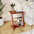 C-Shaped End Table for Couch, Acacia Wood Sofa Side Table & Nightstand with Mid-Century Modern Z Frame, L-Shaped Storage Shelf, Tool-Free Assembly for Bedroom, Living Room or Office - Dark Chocolate