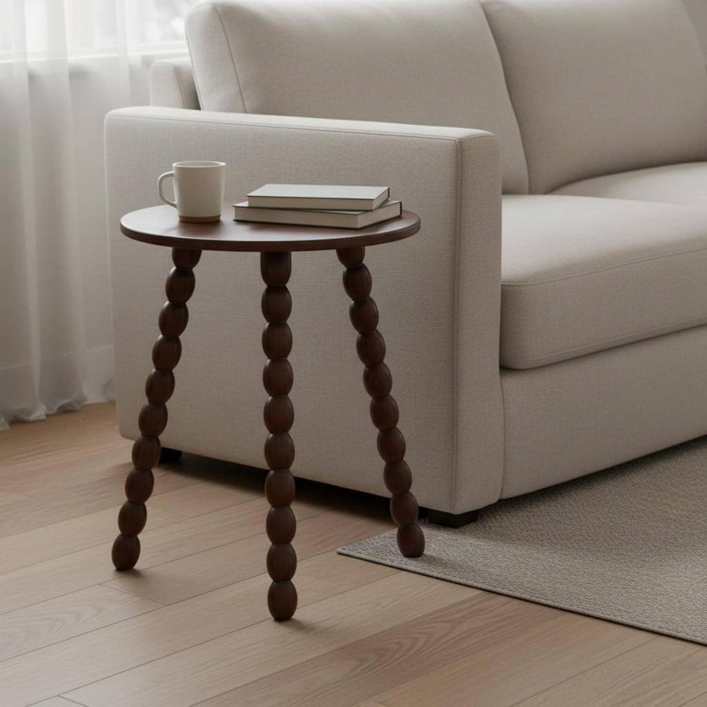 Round Bobbin Leg Table Smooth Rounded Edges Bobbin Leg Side Table Anti-Slip Feet Vintage Design Nightstand for Living Room, Bedroom, Walnut
