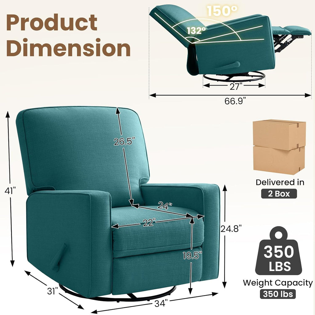 Swivel Rocker Recliner Chair, 360°Swivel Nursery Chair for Adults, Manual Reclining 30°Rocking Glider with Linen Fabric, Solid Wood & Metal Frame, Living Room, Bedroom