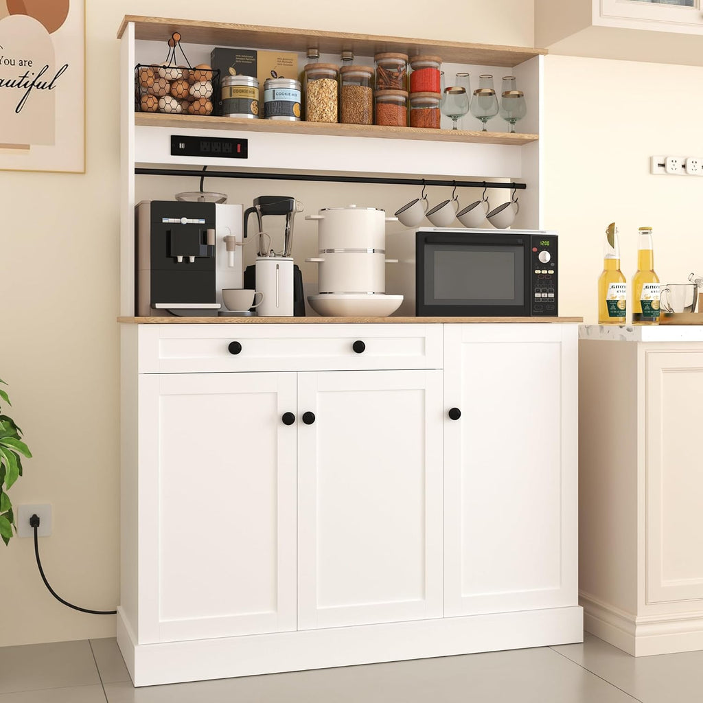 Pantry Cabinet with Charging Station,Kitchen Pantry Storage Cabinet with Microwave Stand,Freestanding Buffet Cabinet with Doors, Adjustable Shelves,Farmhouse Food Pantry for Living Room