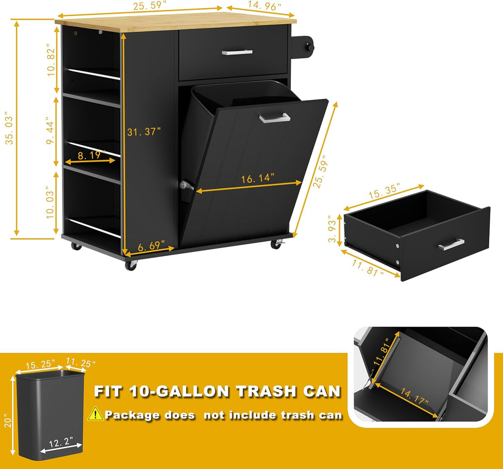 HQZX Rolling Kitchen Island with Trash Can Storage, Black | Portable & Movable & Lockable Wheels, Towel Rack & Spice Rack, Tilt Out Trash Can Cabinet with Drawer, Mobile Island Cart