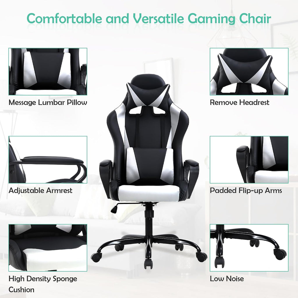 Gaming Chair, Video Game Chair, Cheap Computer Gaming Chair PU Leather High Back PC Gaming Chair Ergonomic Racing Swivel Office Desk Chair with Headrest and Lumbar Support for Adults Kids White