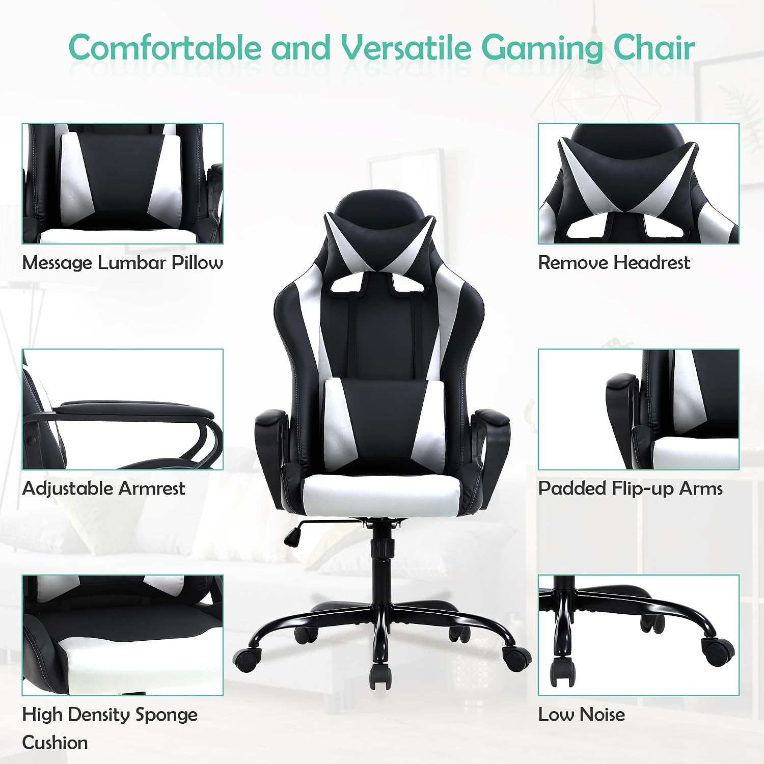 Gaming Chair, Video Game Chair, Cheap Computer Gaming Chair PU Leather High Back PC Gaming Chair Ergonomic Racing Swivel Office Desk Chair with Headrest and Lumbar Support for Adults Kids White